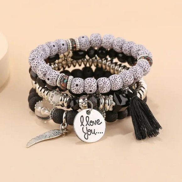Boho Layered Beaded Bracelet I LOVE YOU  Wing & Tassel - Picture 1 of 1
